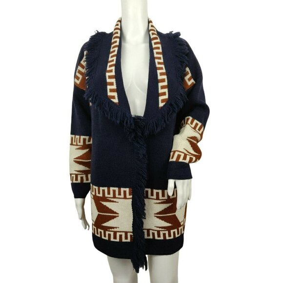 CocoGio Made in Italy Aztec Fringed Wool Blend Cardigan Sweater Small Longline - Picture 2 of 9